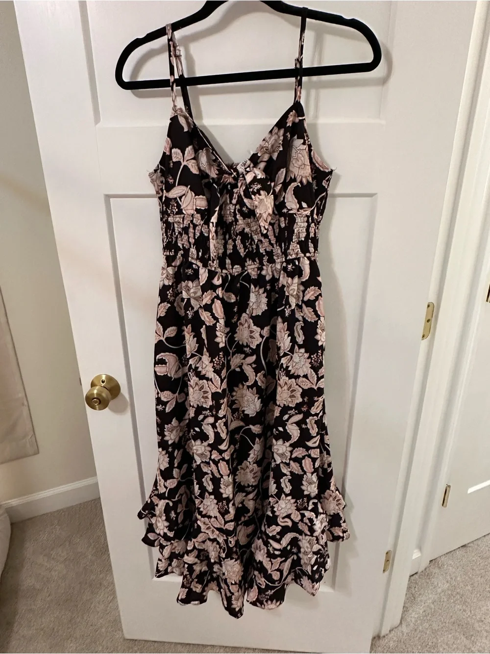 Black Floral Spaghetti Strap Midi Dress with Pink Flower Print - Picture 1 of 4